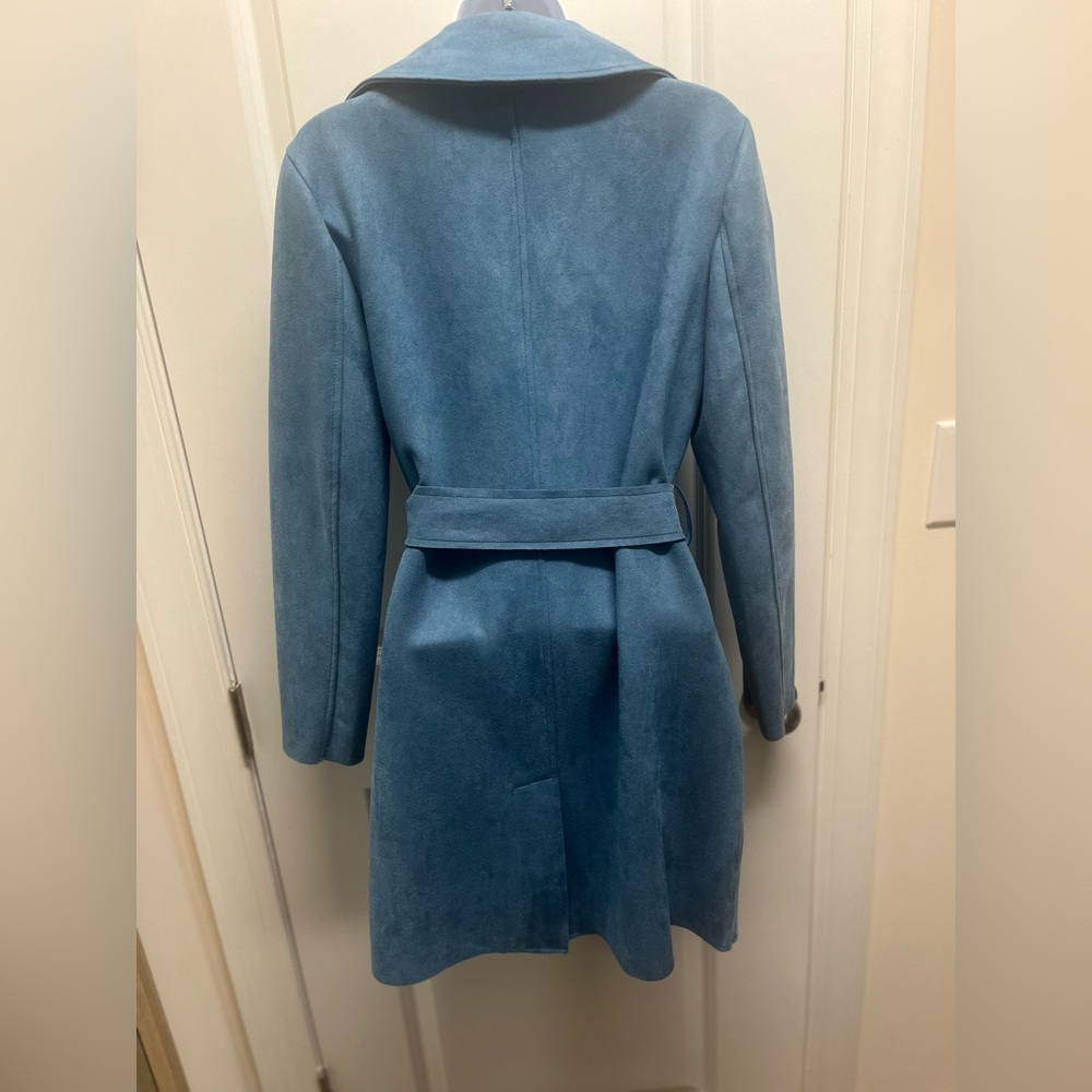Elie Tahari Dusty Blue Faux Leather Belted Wrap Trench Coat Small NWT - Picture 3 of 12